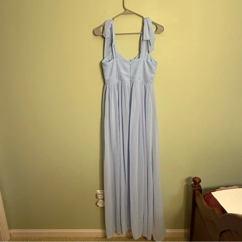 Lulus full length dress light blue size S sleeveless slit straps bows formal